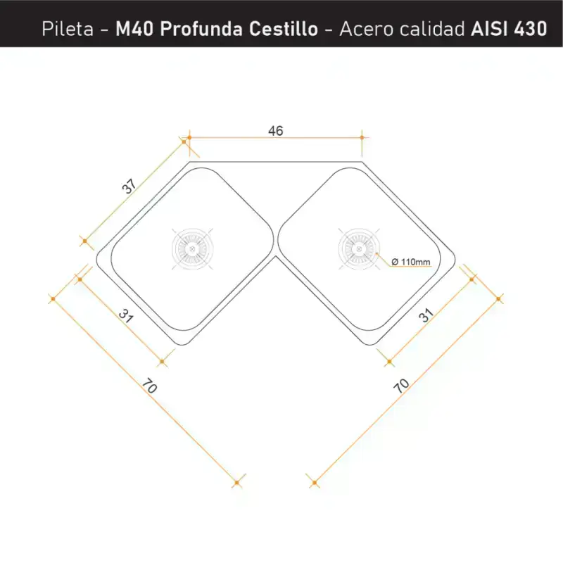 Plano técnico de Bacha de cocina esquinera mate acero premium 430